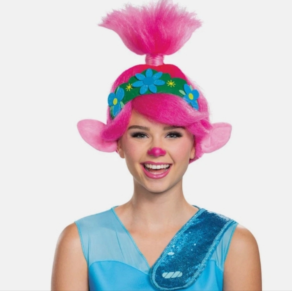 Pink Troll Wig with Floral Headband